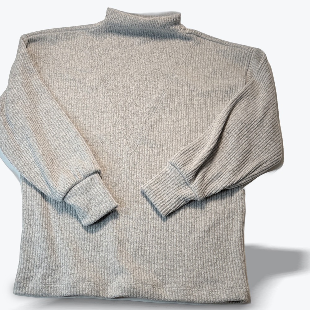 LOFT Petites Sweater Mock Neck Balloon Sleeve Gray Ribbed Small Petite